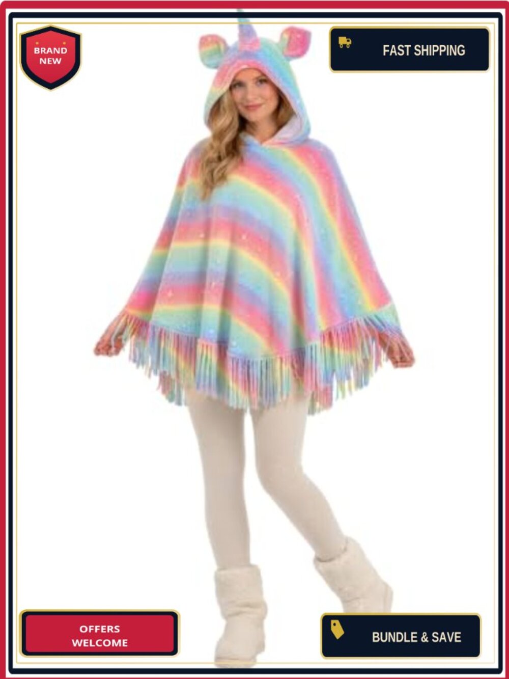 Glow in the Dark Fleece Unicorn Poncho Hooded Fringe Adult Costume